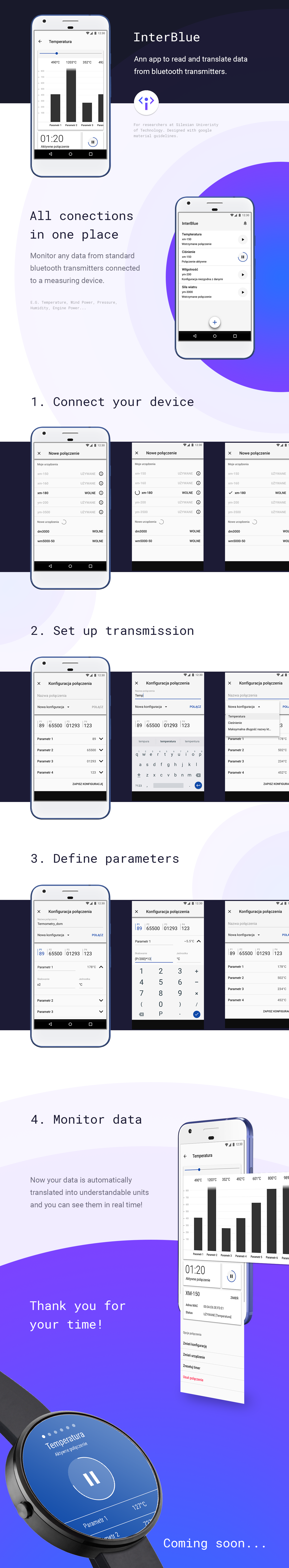 InterBlue mobile app case-study screen showing Bluetooth transmitter connections, setup, parameters, and monitoring views.