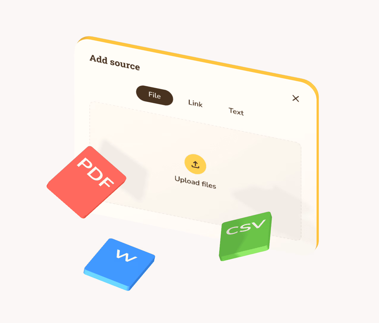 Jasne.ai source upload interface with document, link, and text options