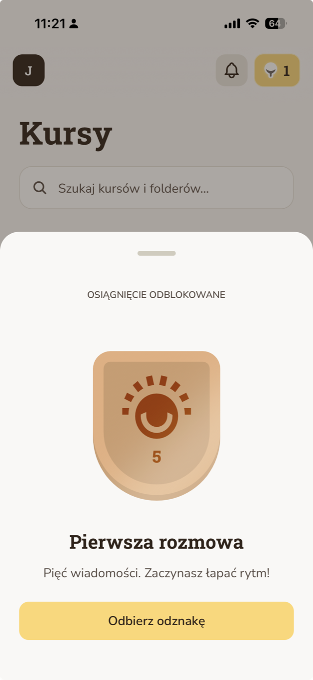 Jasne.ai achievement unlocked modal for the first conversation badge