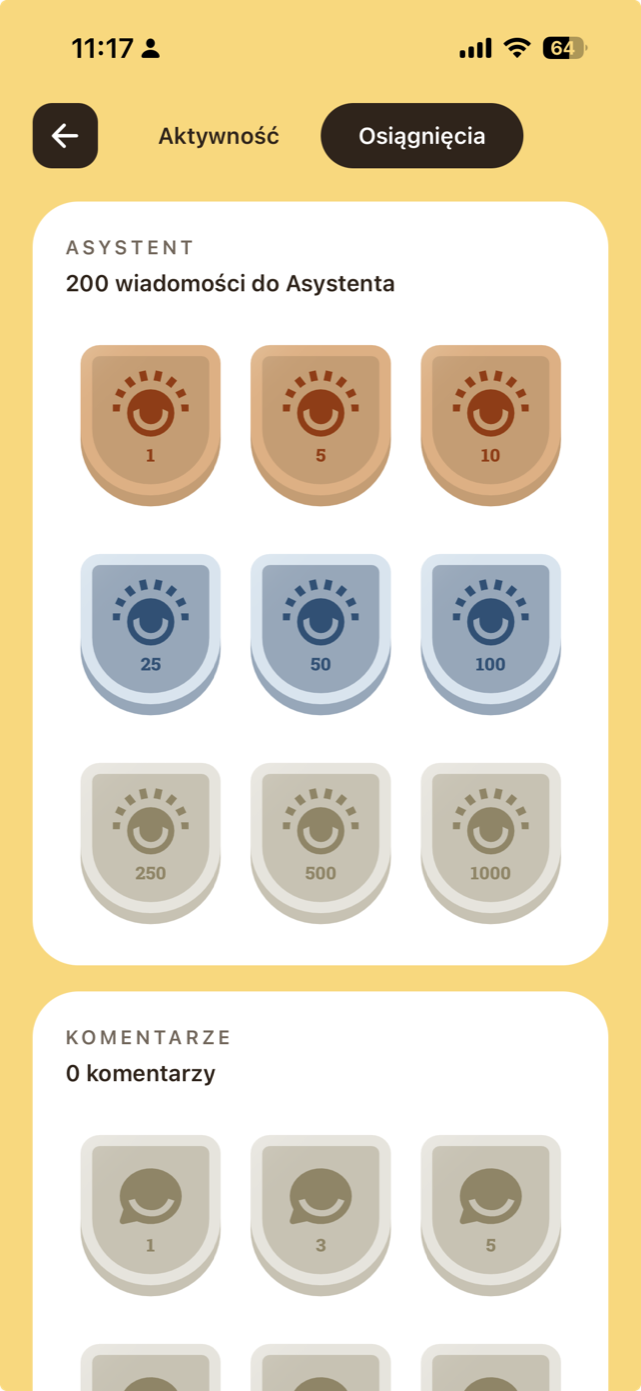 Jasne.ai achievements screen with assistant and comment badge milestones