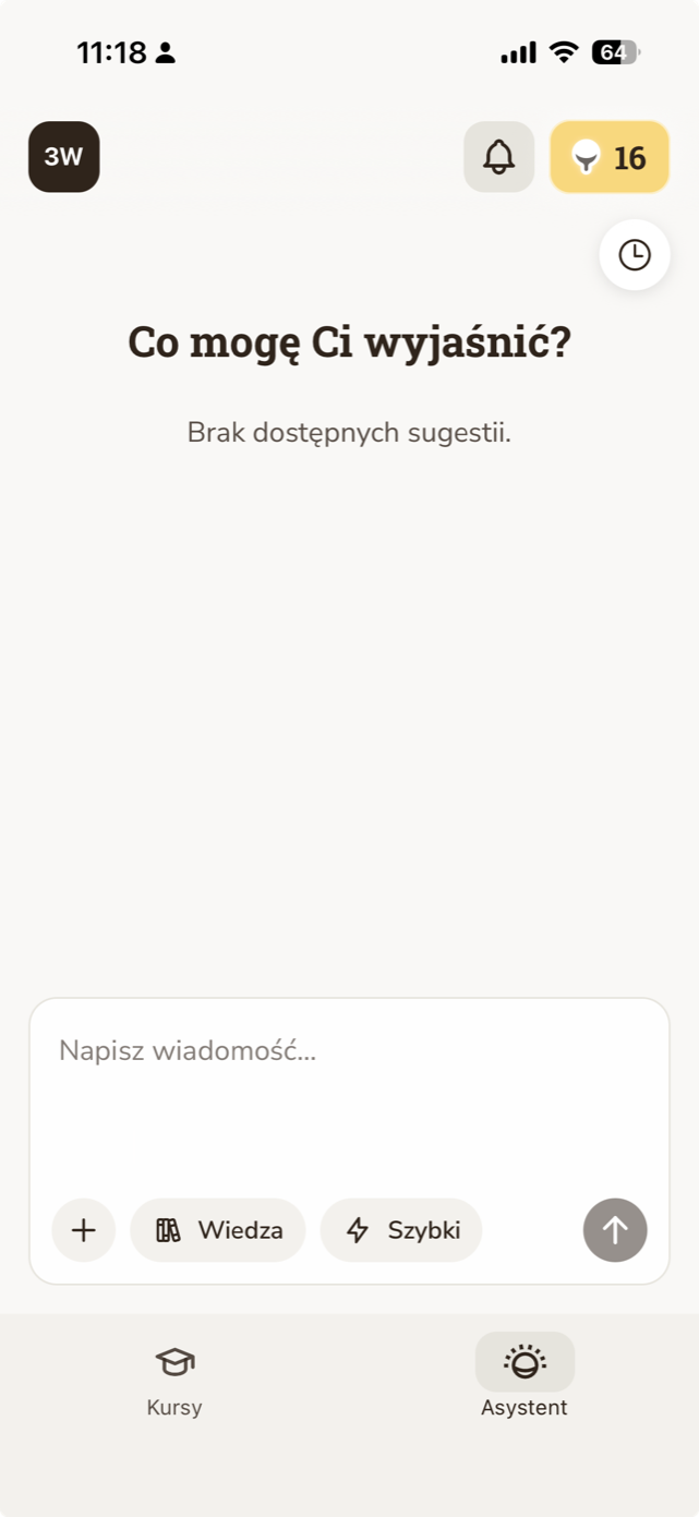 Jasne.ai assistant screen with a message input and no suggestions available