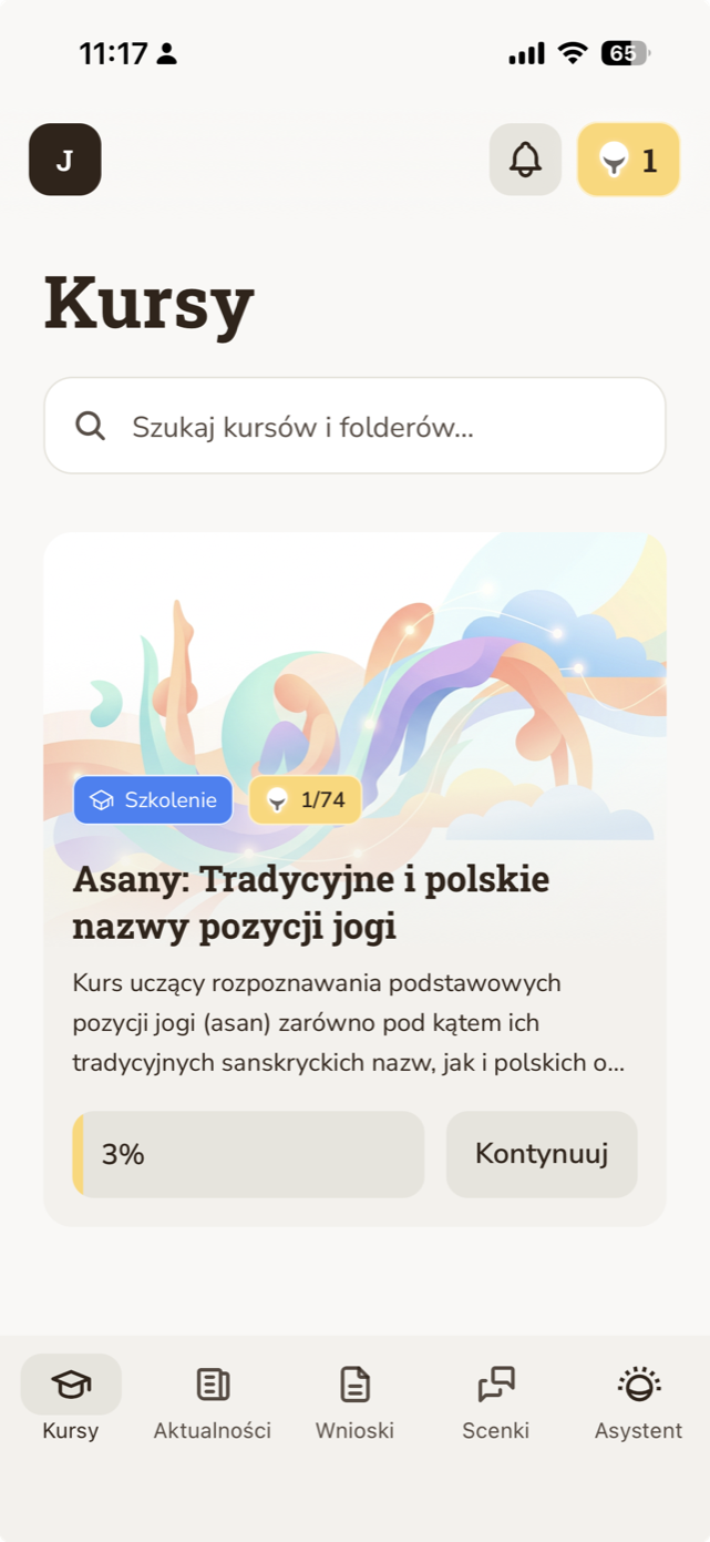 Jasne.ai courses screen with a yoga course card, progress bar, and bottom navigation