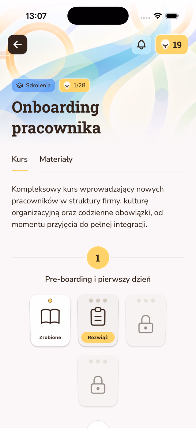 Jasne.ai onboarding course detail screen with lesson cards and locked next steps