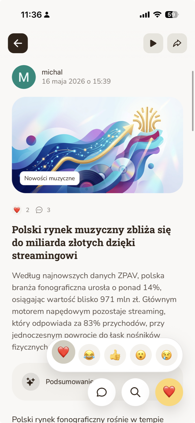 Jasne.ai article screen about the Polish music market with reaction controls open