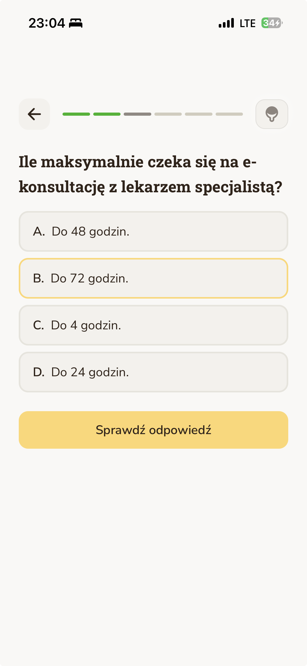Jasne.ai mobile quiz screen with a question about e-consultation waiting time