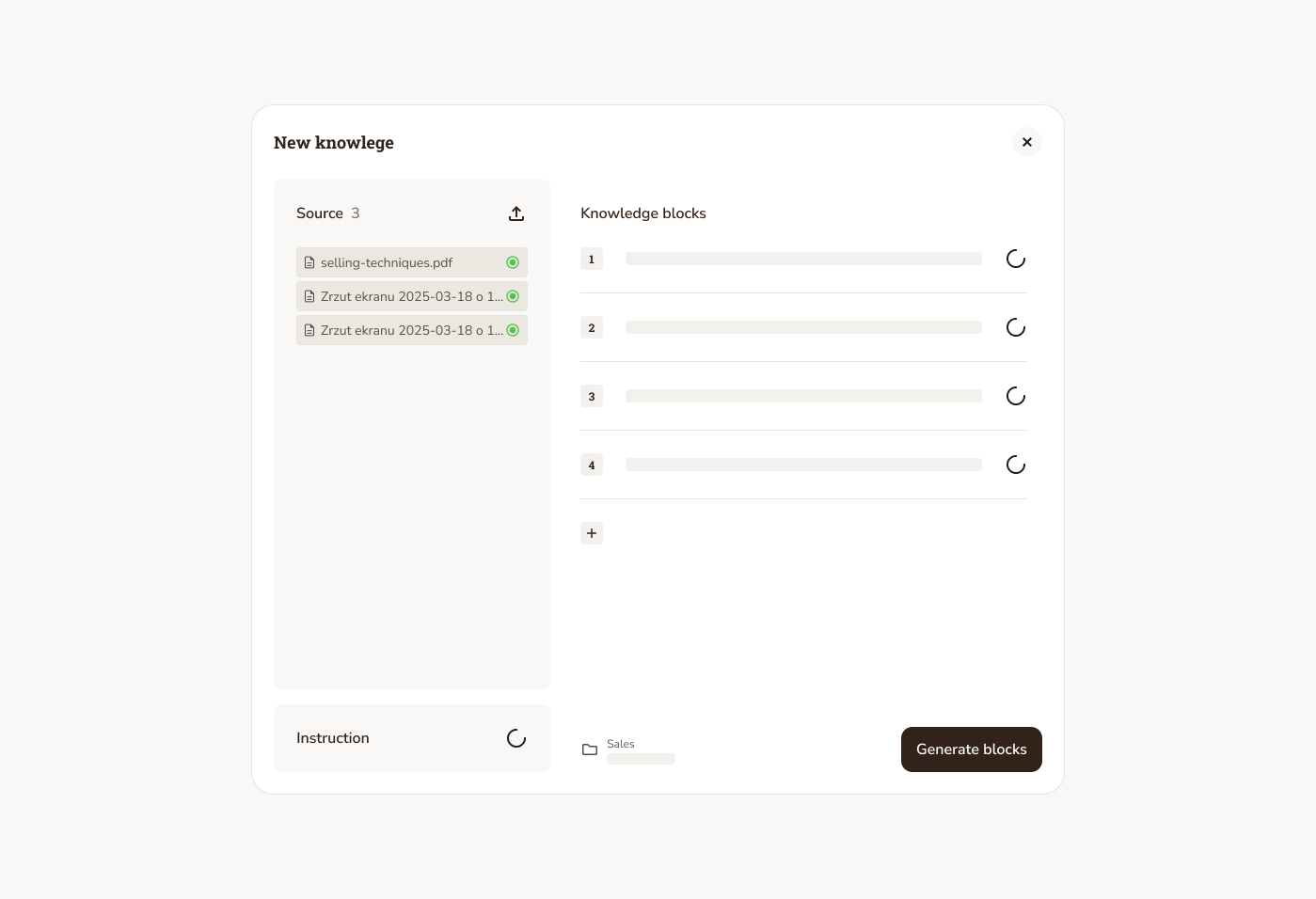 Jasne.ai generated knowledge blocks from uploaded sources