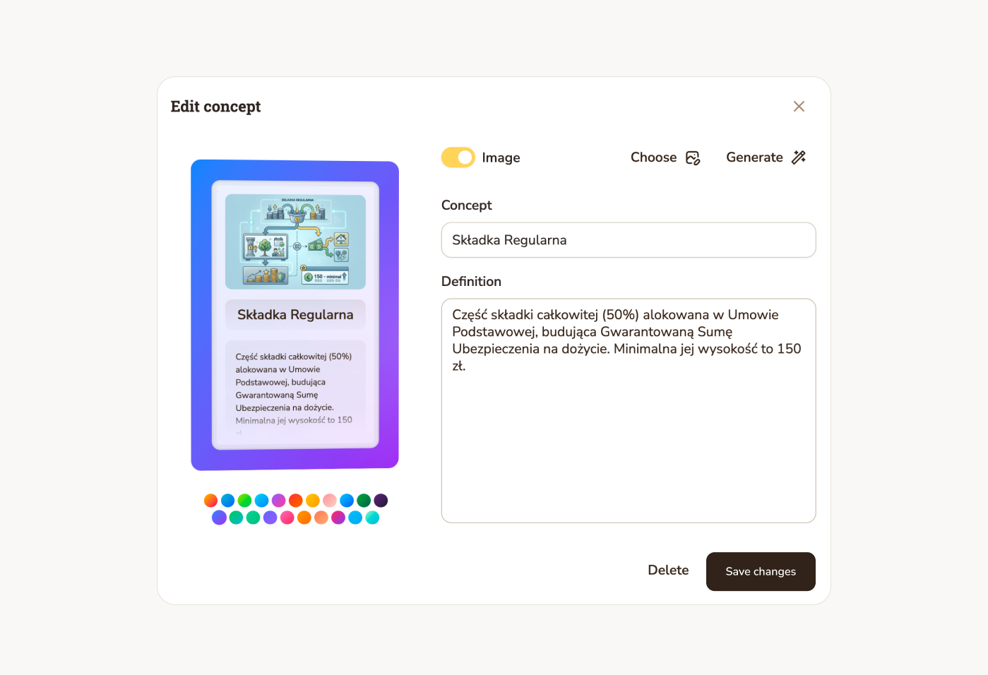 Jasne.ai material editor mockup with concept card content