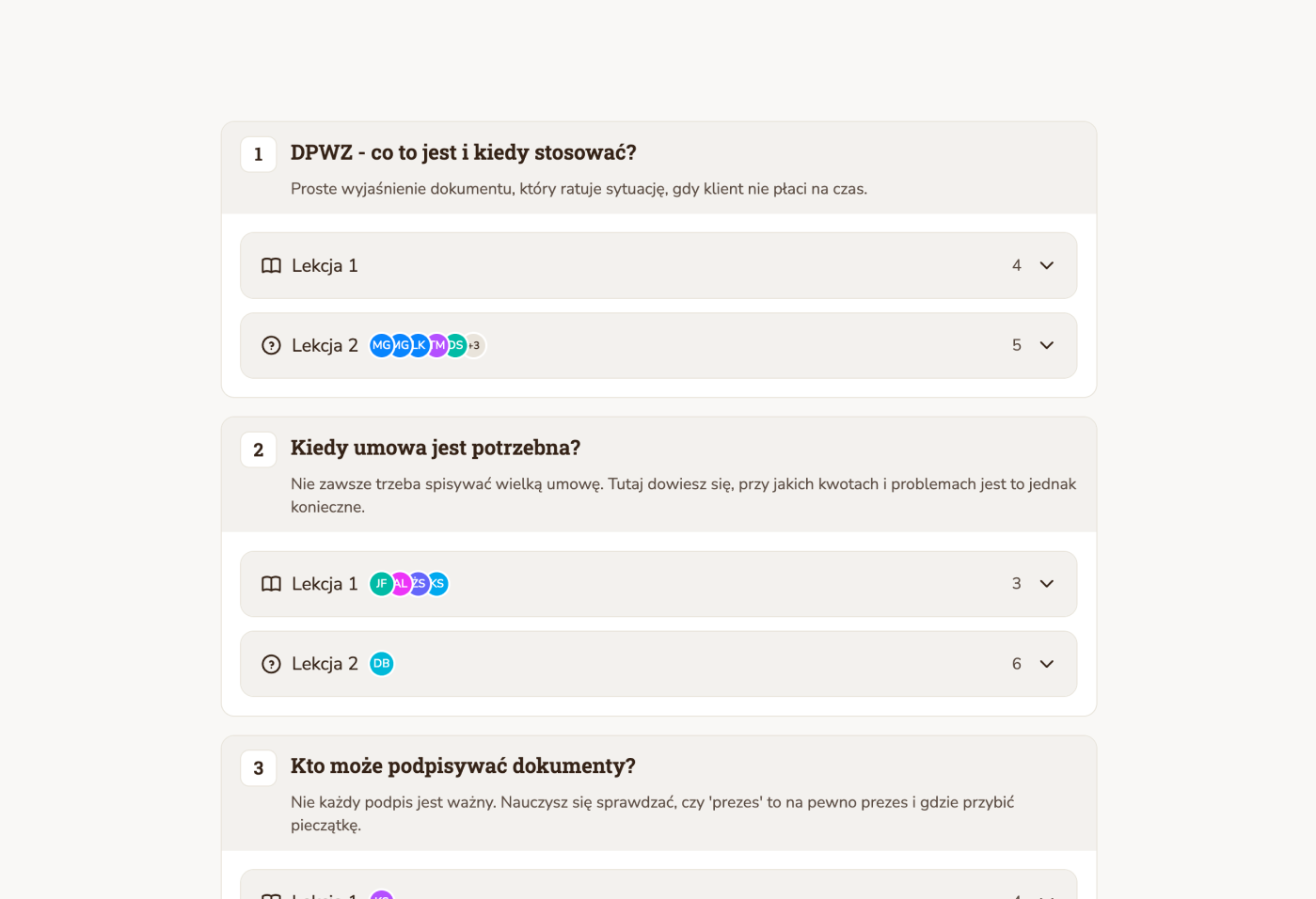 Jasne.ai progress mockup with lesson groups and learner badges