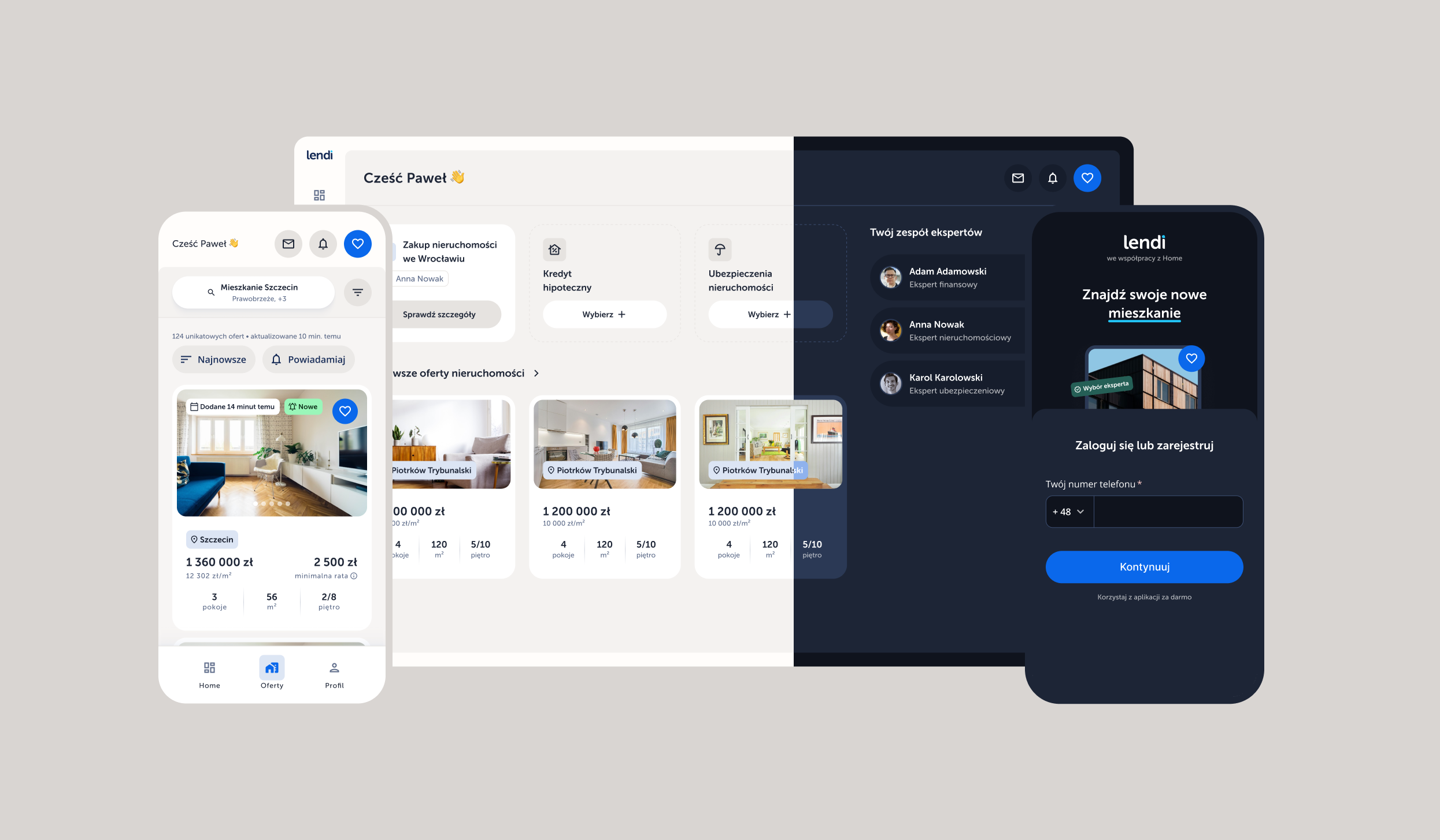 Lendi design system screen showing desktop and mobile product interfaces for homebuying, expert support, property search, and login.