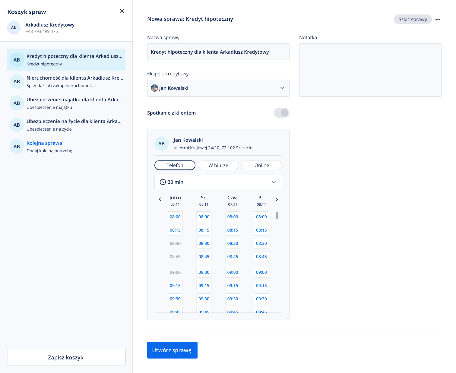 Lendi expert case cart screen for creating a mortgage case, scheduling a client meeting, and saving related deal needs.