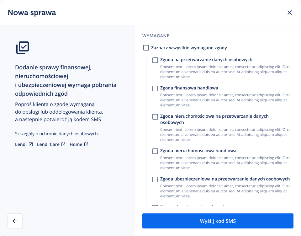 Lendi consent request step explaining required financial, real-estate, and insurance agreements before sending an SMS code.