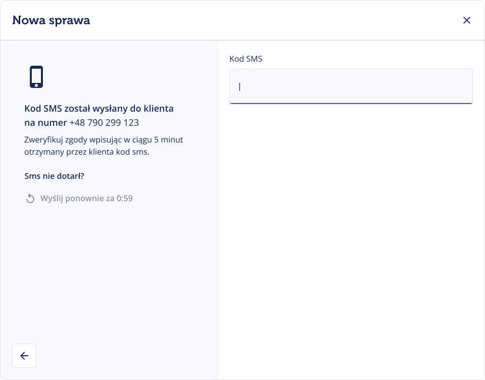 Lendi SMS confirmation step with the verification code input and resend countdown after the consent code is sent to the client.
