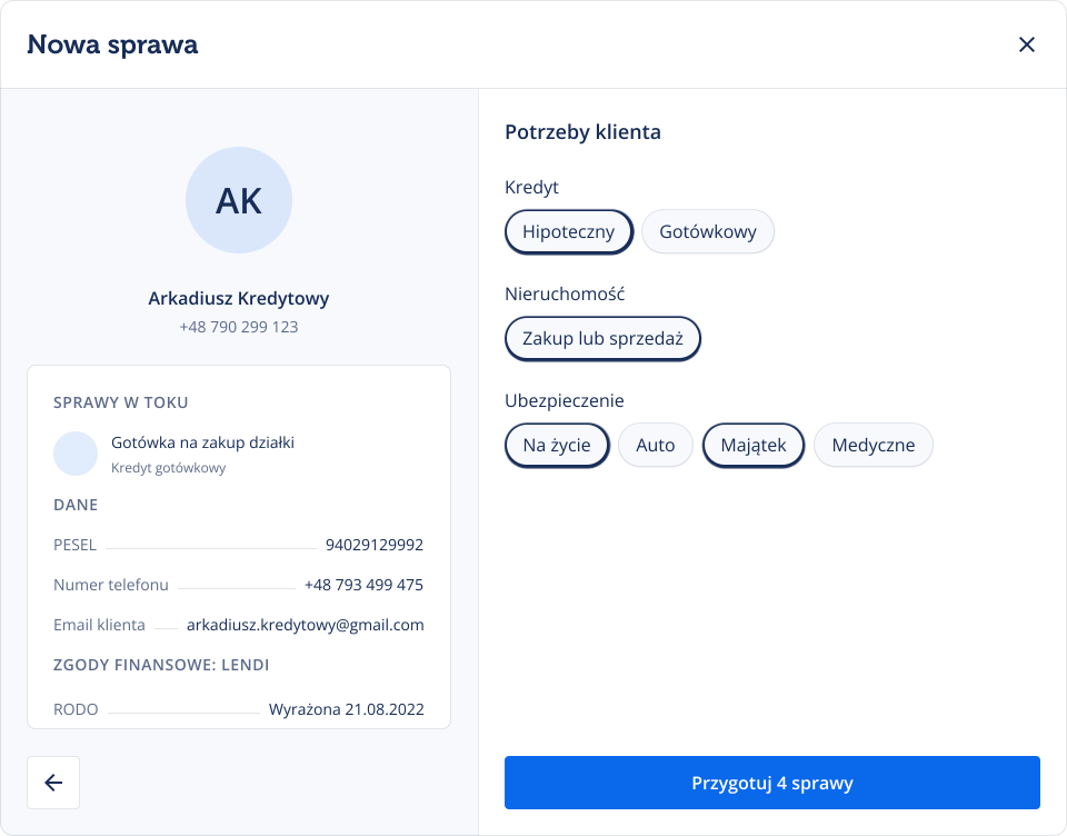 Lendi new case modal showing selected client data and customer needs for mortgage, cash loan, real estate, and insurance products.