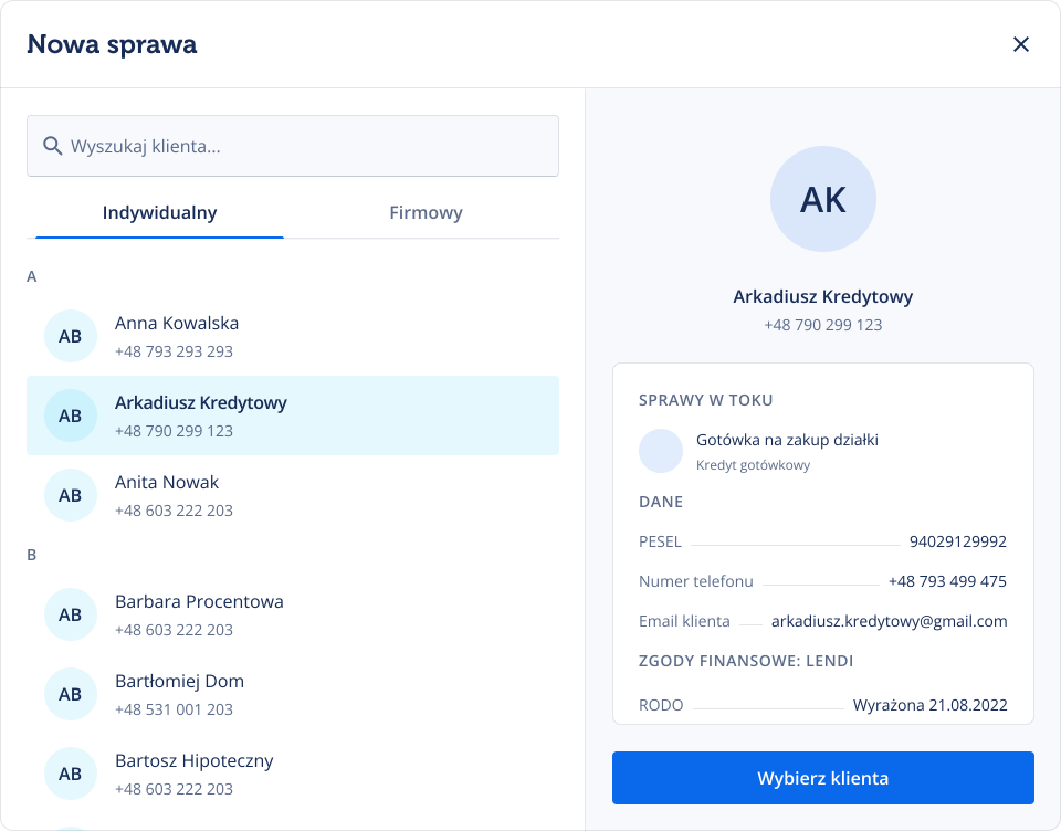 Lendi new case client picker with a selected individual client, case-in-progress details, and a choose client action.