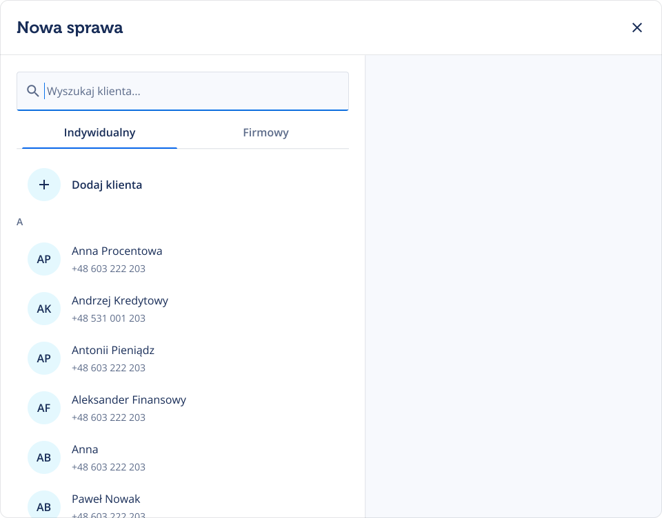Lendi new case client picker with search, individual and company tabs, and a list of available clients.
