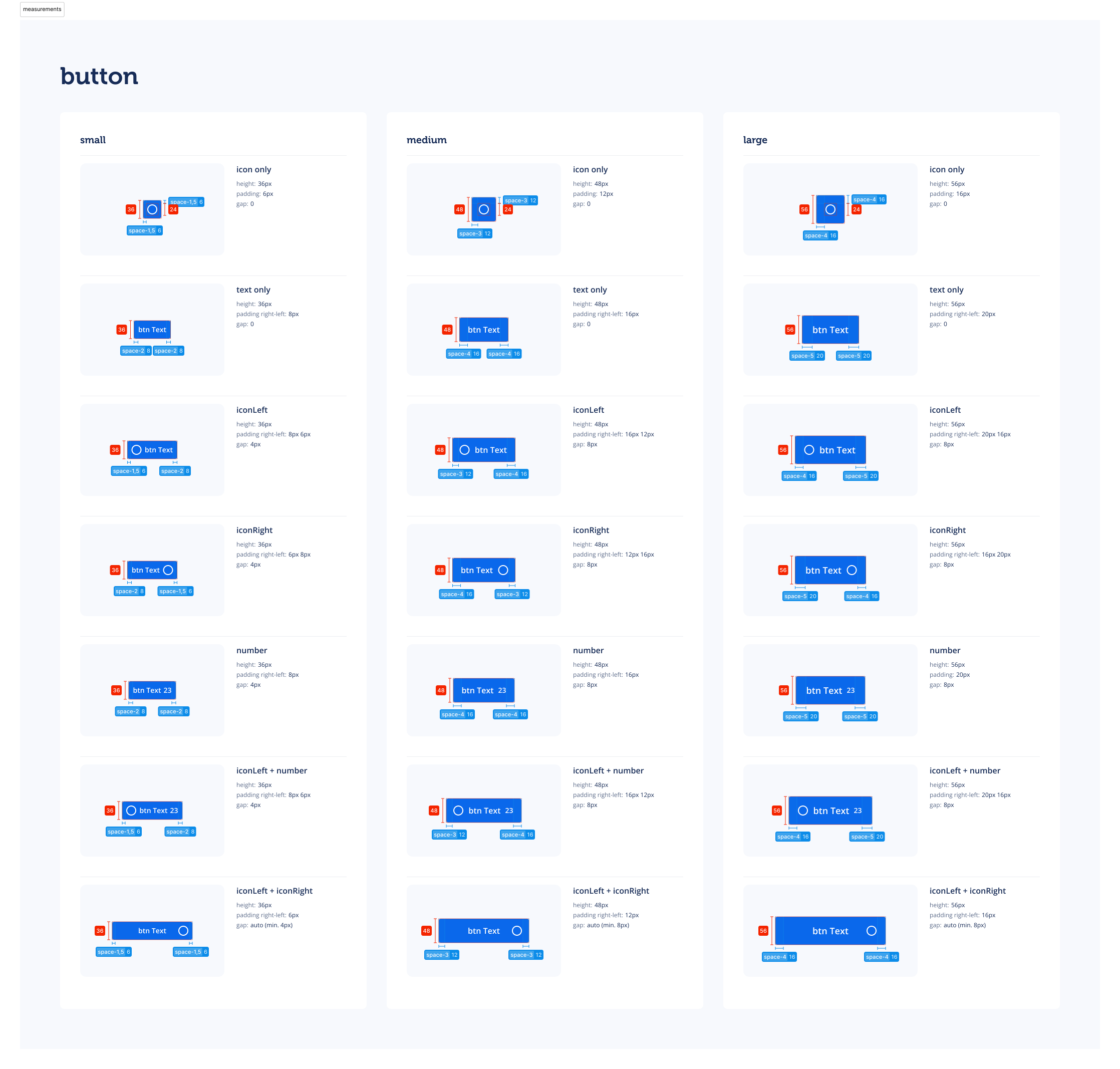 Lendi design measurement sheet documenting button sizes, icon-only, text-only, icon-left, icon-right, and numbered button variants.