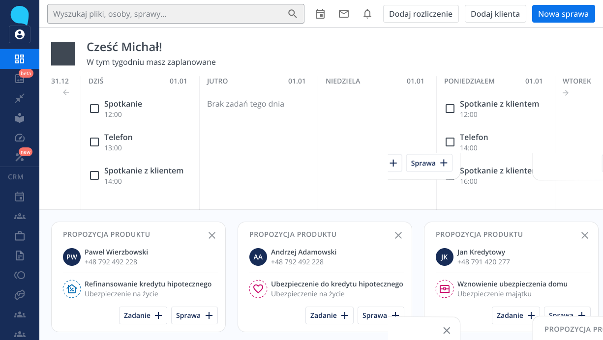 Lendi expert desktop dashboard with weekly agenda, product proposal cards, CRM navigation, search, and new case actions.