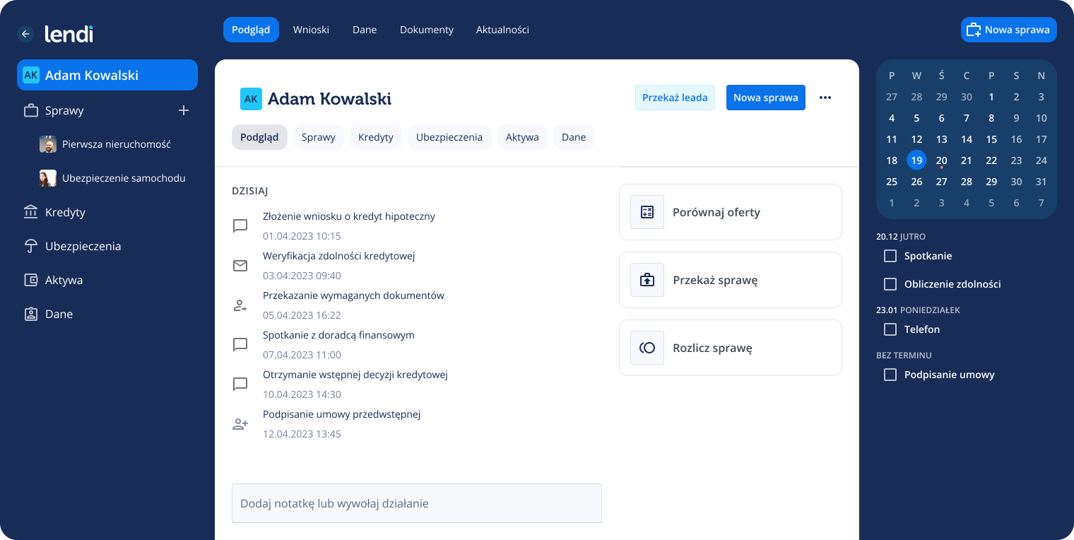 Lendi expert desktop overview with customer timeline, lead handoff actions, tabs, and task calendar.