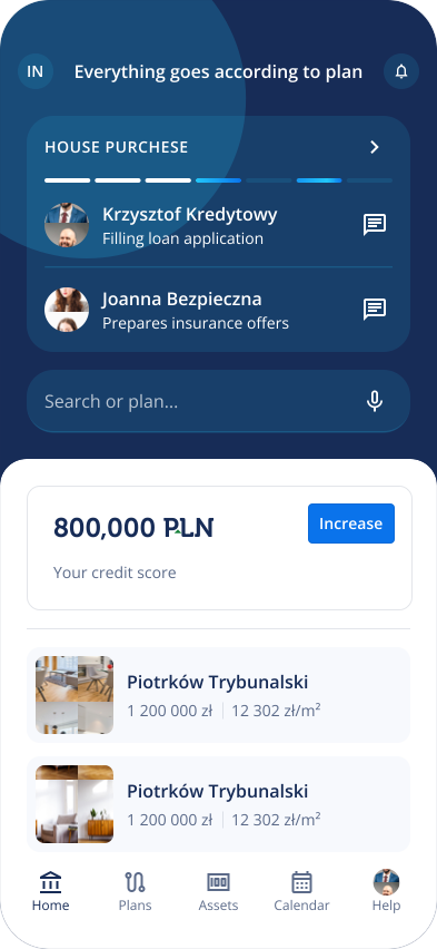 Lendi mobile home dashboard showing house purchase plan progress, assigned experts, credit score, and property cards.