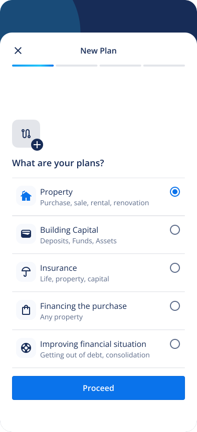 Lendi mobile new plan screen with product goals such as property, building capital, insurance, financing, and debt improvement.
