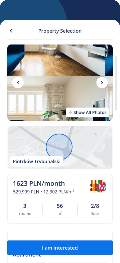 Lendi mobile property selection screen with apartment photos, map, monthly cost, property stats, and interest button.
