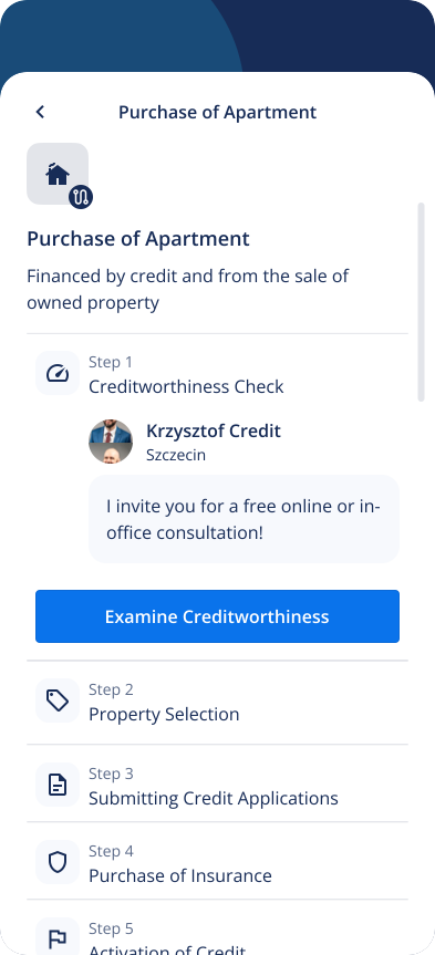 Lendi mobile purchase of apartment plan with creditworthiness check, expert message, and later buying steps.