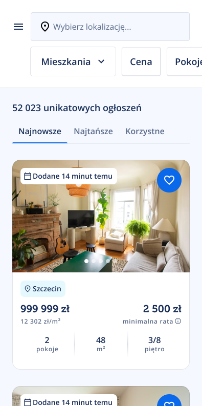 Lendi mobile real-estate listing screen with location search, category filters, and property cards.