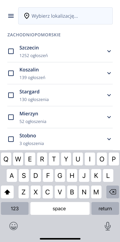 Lendi mobile location search screen with regional options and the keyboard open.
