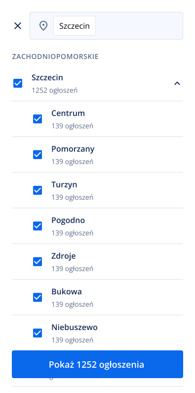 Lendi mobile location filter screen with selected Szczecin districts and a button to show matching property listings.