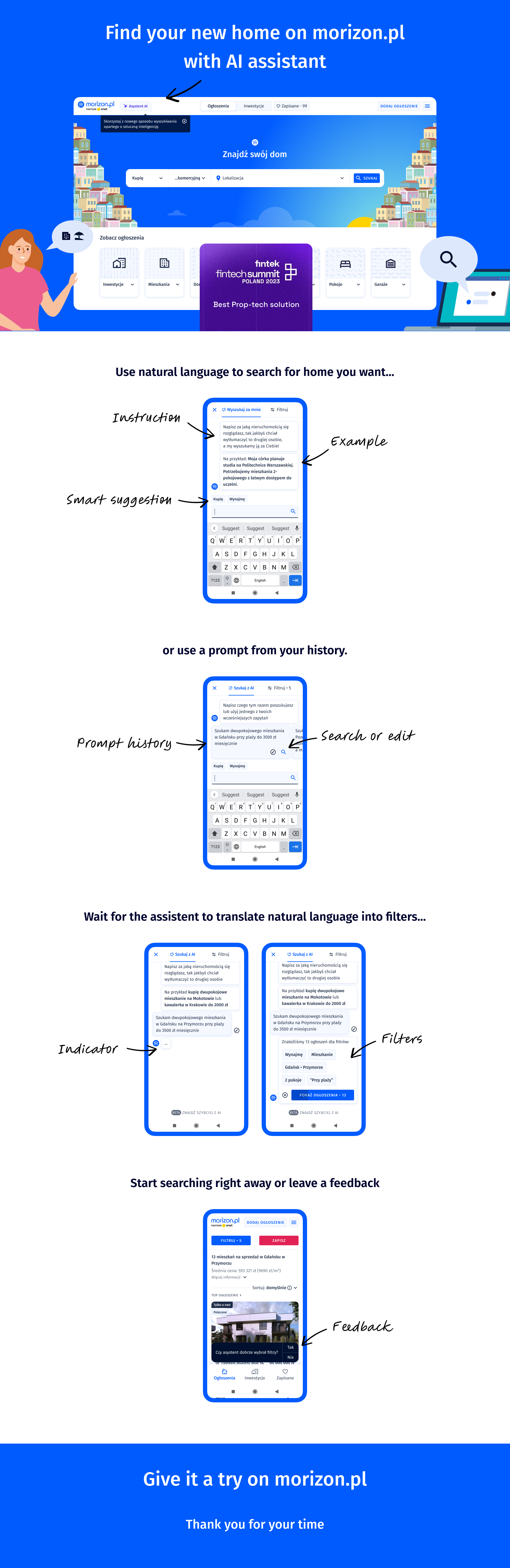Morizon.pl AI Assistant mobile real-estate search screen with natural language search and property results.